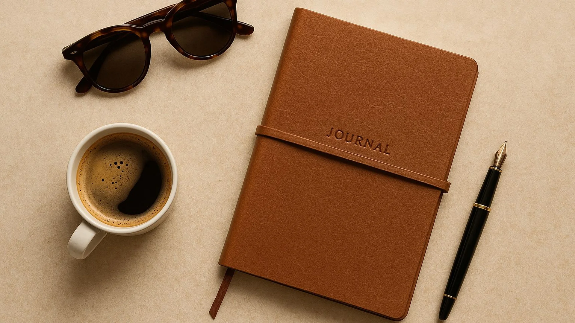 Jurnal kulit warna tan di atas meja, dengan cangkir kopi dan pena