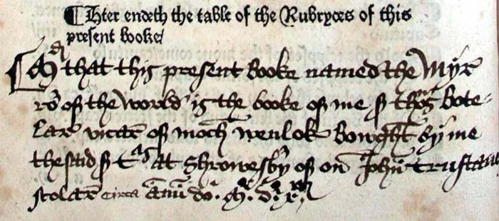 Caxton Mirror Of World Chapter Ownership Incription