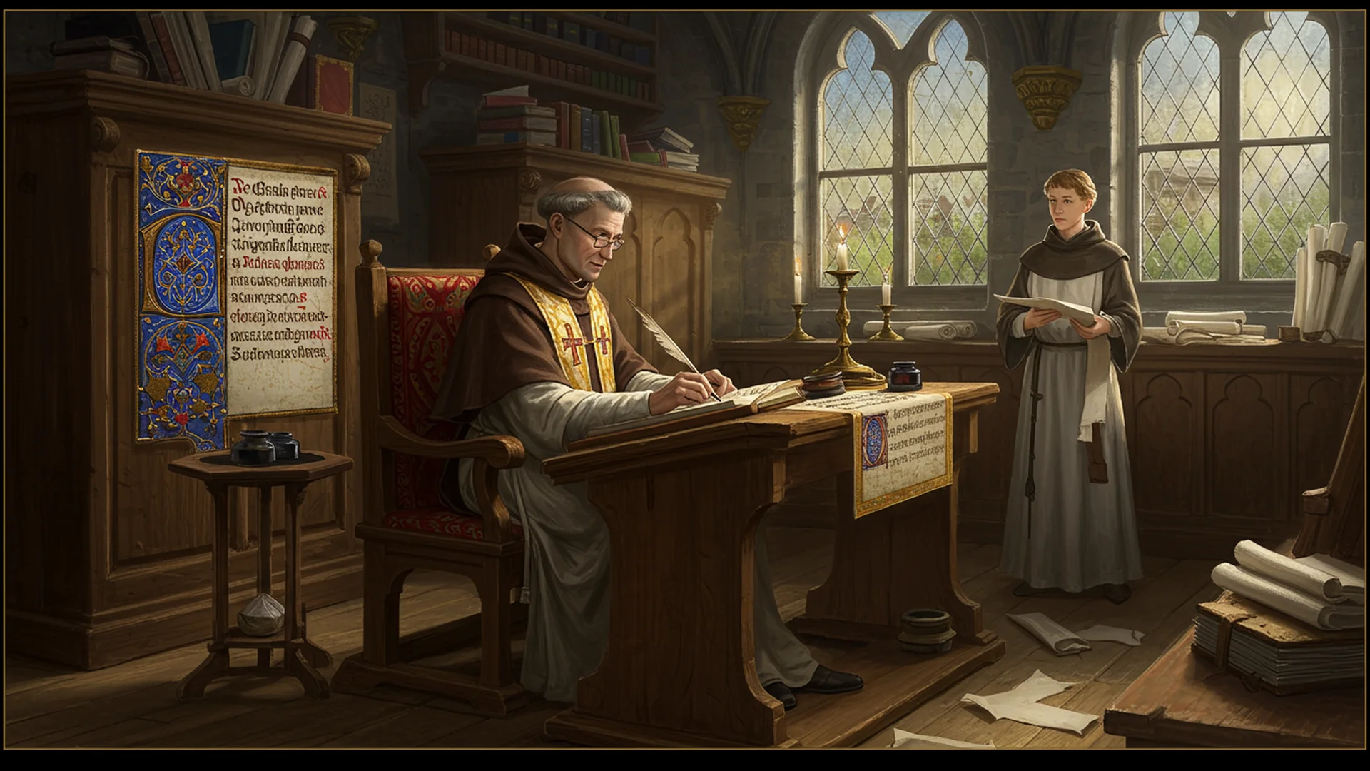 Medieval Monks Scriptorium Illuminated Manuscript