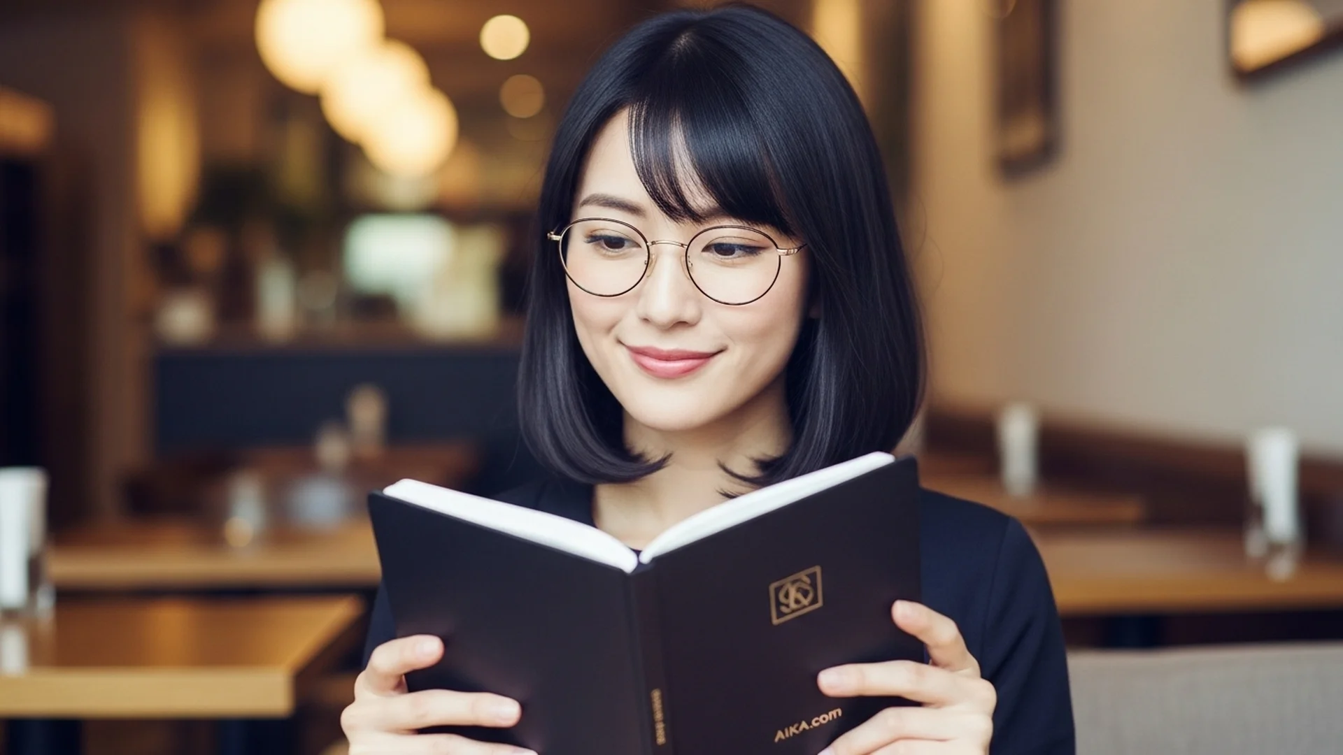Woman Reading Book Cafe Interior