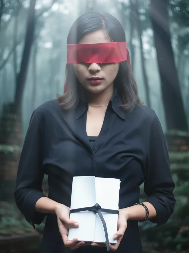Seorang wanita dengan mata tertutup memegang buku di hutan, menyimbolkan tindakan memberi tanpa benar-benar 'melihat' kebutuhan penerima.