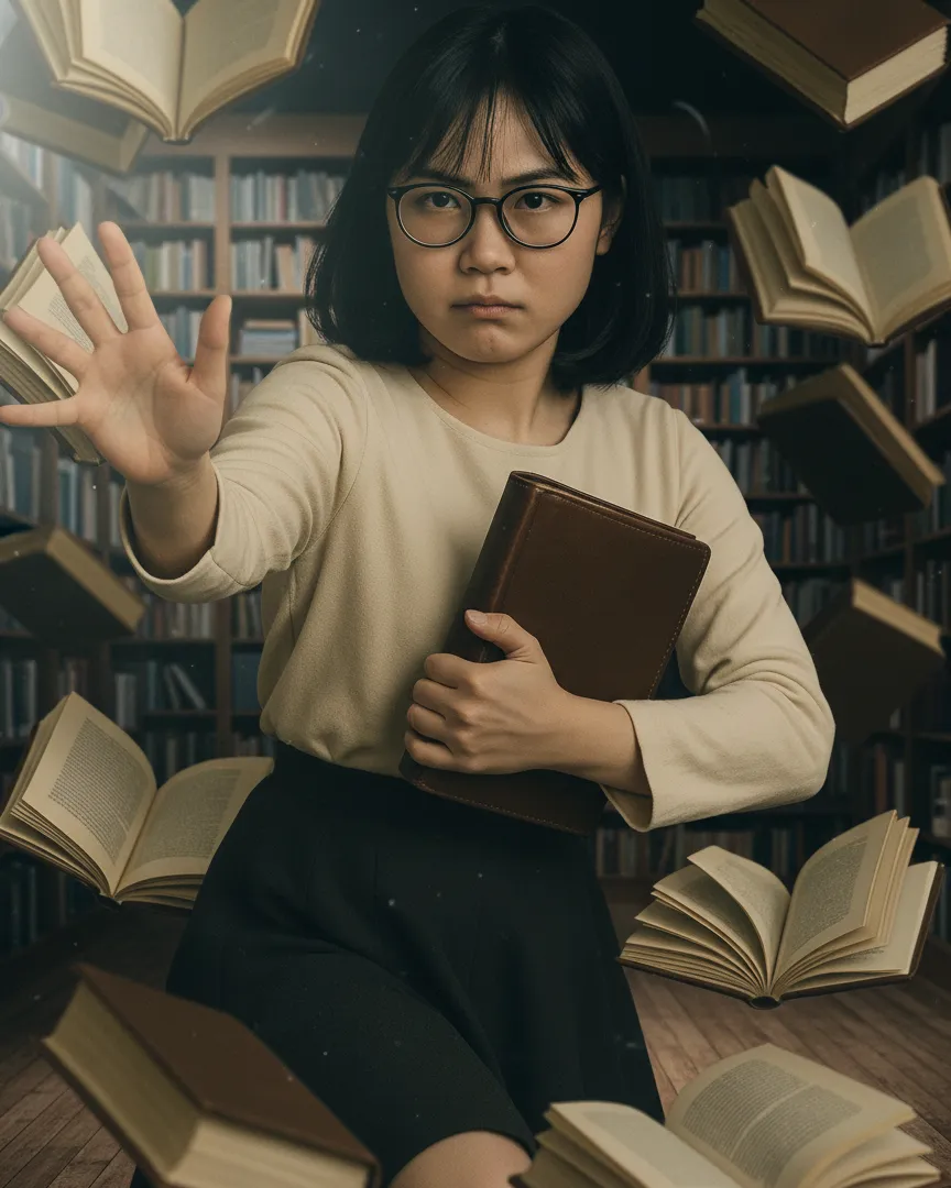 Seorang gadis di perpustakaan dikelilingi buku-buku yang melayang, melambangkan banyaknya pilihan namun hanya sedikit yang benar-benar terkoneksi.