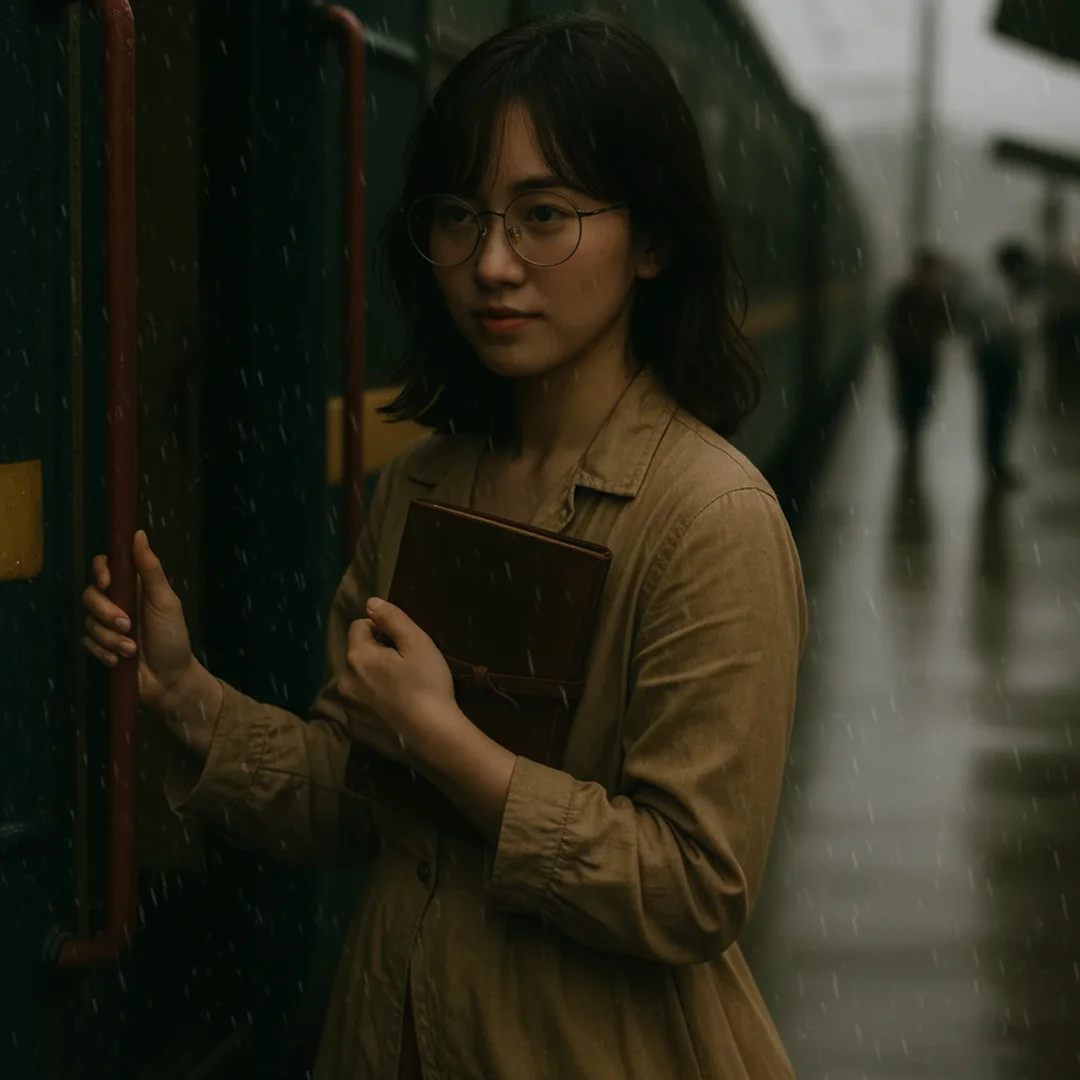 Seorang gadis memegang buku di stasiun kereta saat hujan, melambangkan sebuah hadiah yang menjadi teman setia dalam perjalanan hidup.