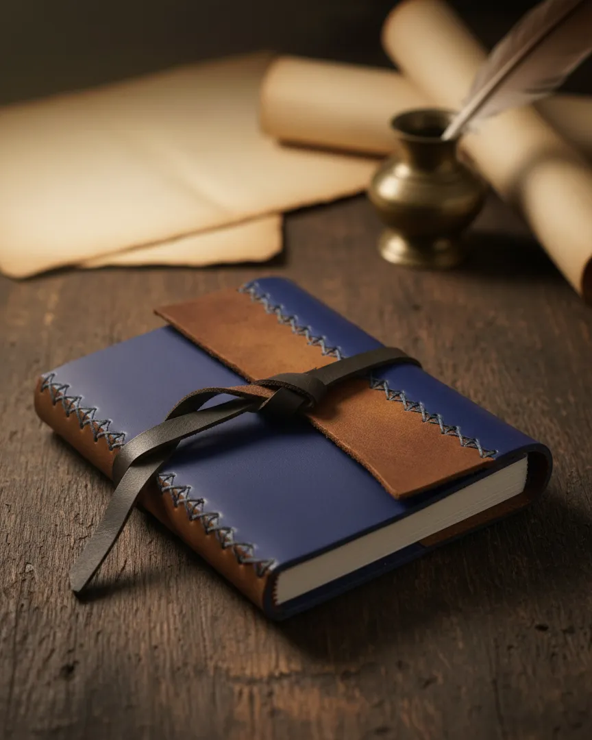 Sebuah jurnal kulit berwarna biru tua dengan tali pengikat, terlihat elegan namun bisa menjadi 'terlalu hadiah sekali' jika tidak sesuai selera.