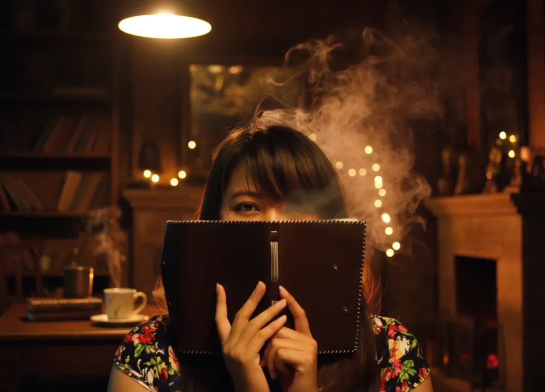 Woman Hiding Face Behind Book In Library