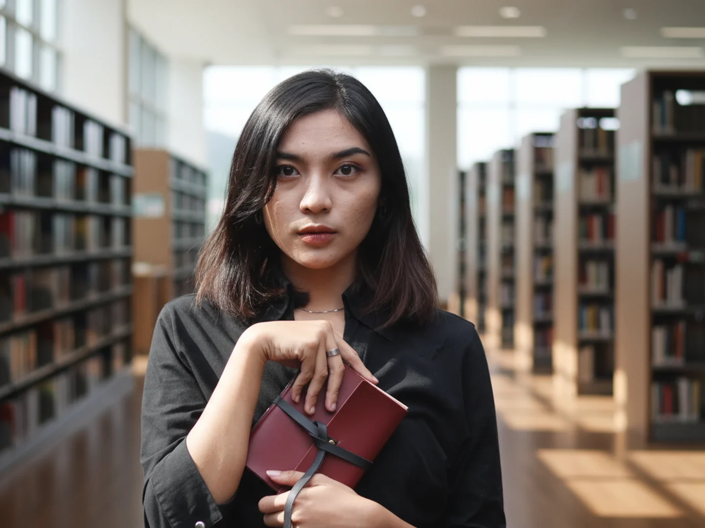 Seorang wanita memilih buku, menekankan pentingnya konten internal (kertas) selain sampul eksternal.