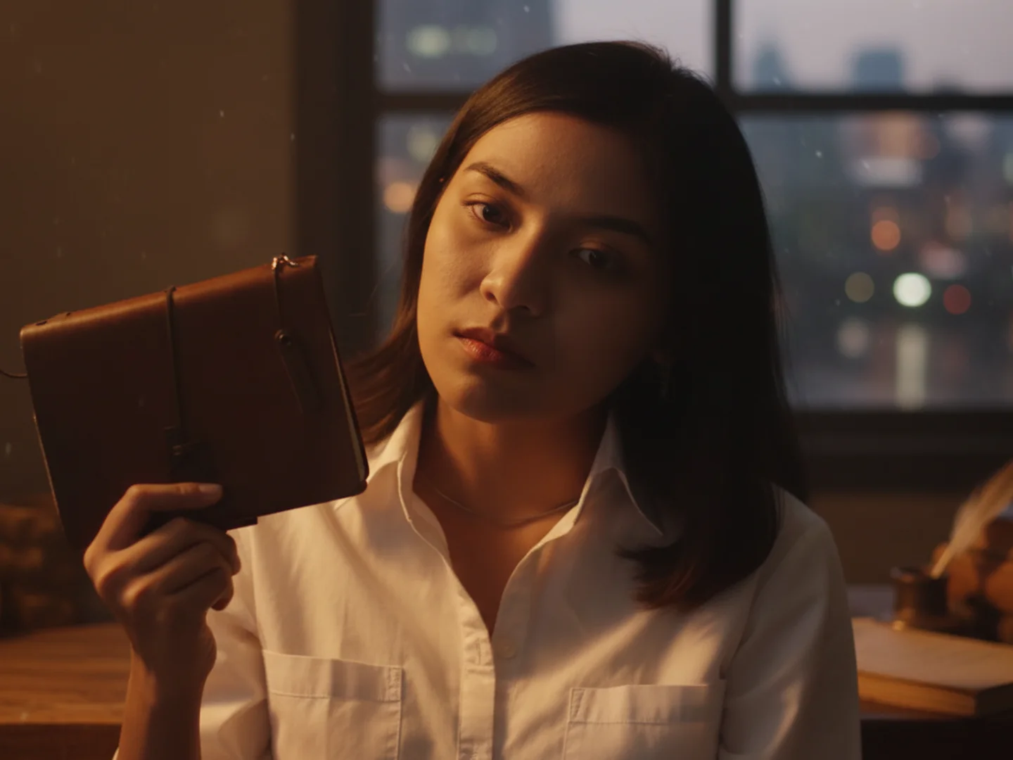 Seorang wanita memegang sebuah custom notebook kulit premium, yang merupakan inti dari diskusi tentang fungsi dan persepsi.