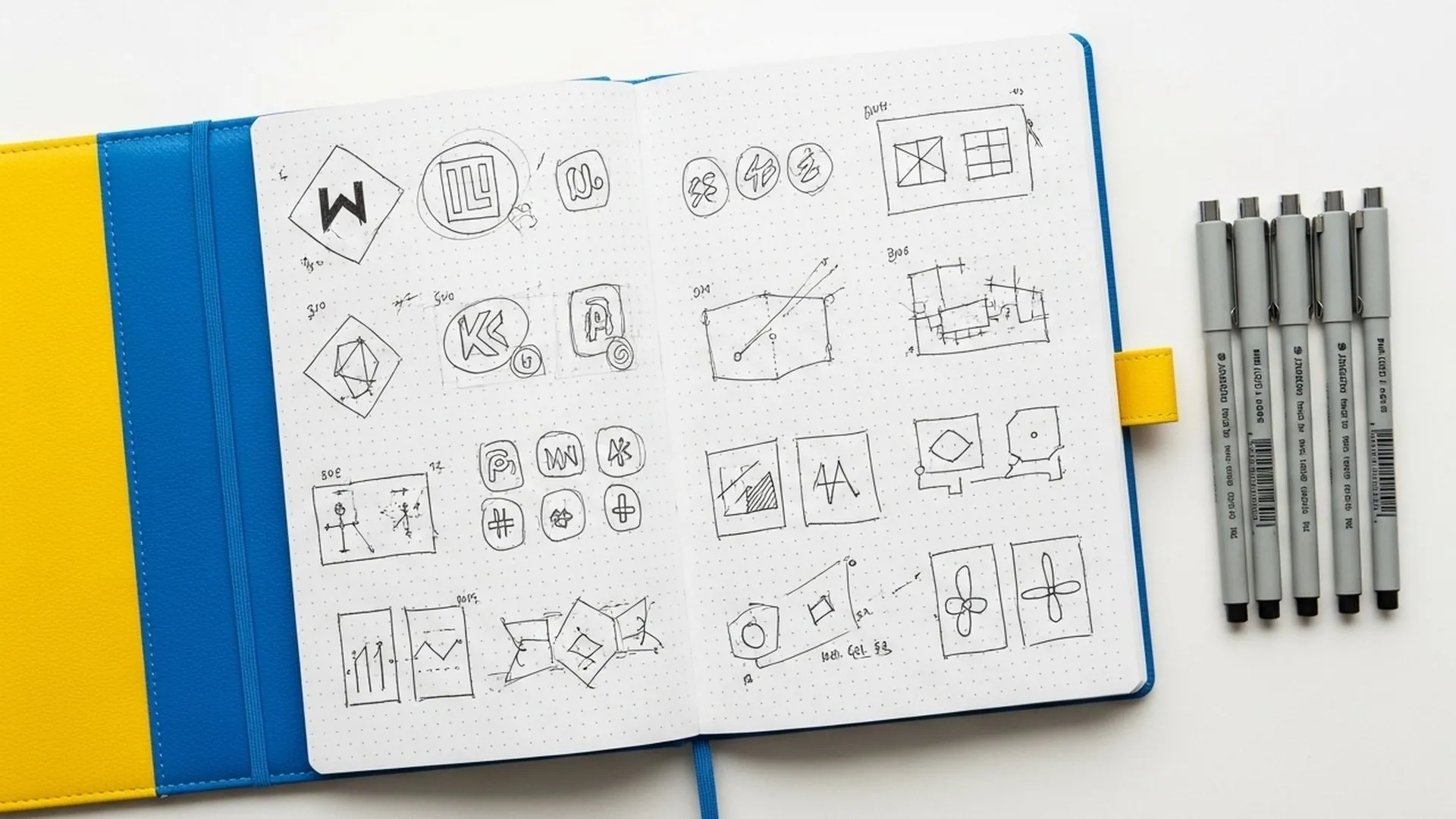 Sketsa desain logo di buku catatan, dikelilingi pena teknis