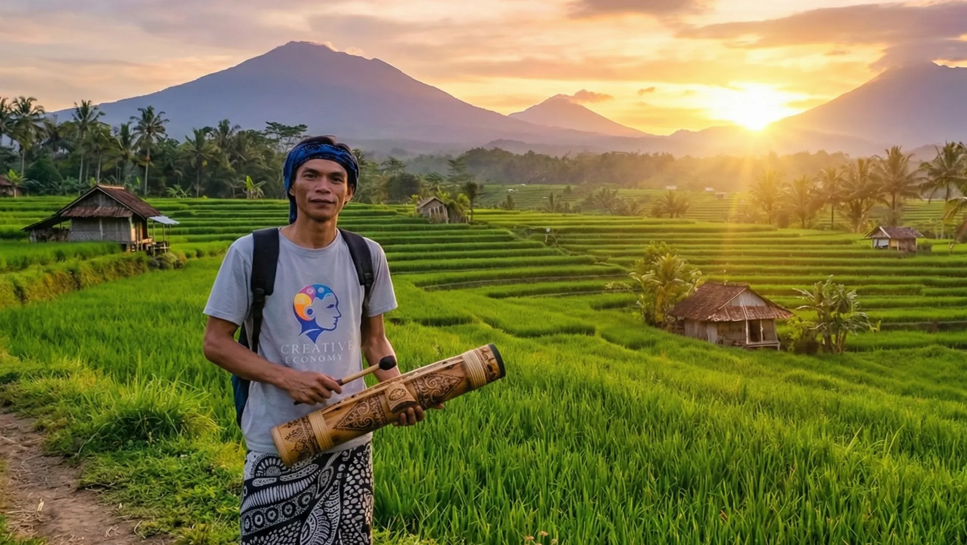 Belgi Al Huda memegang karya woodburn di tengah sawah bertingkat