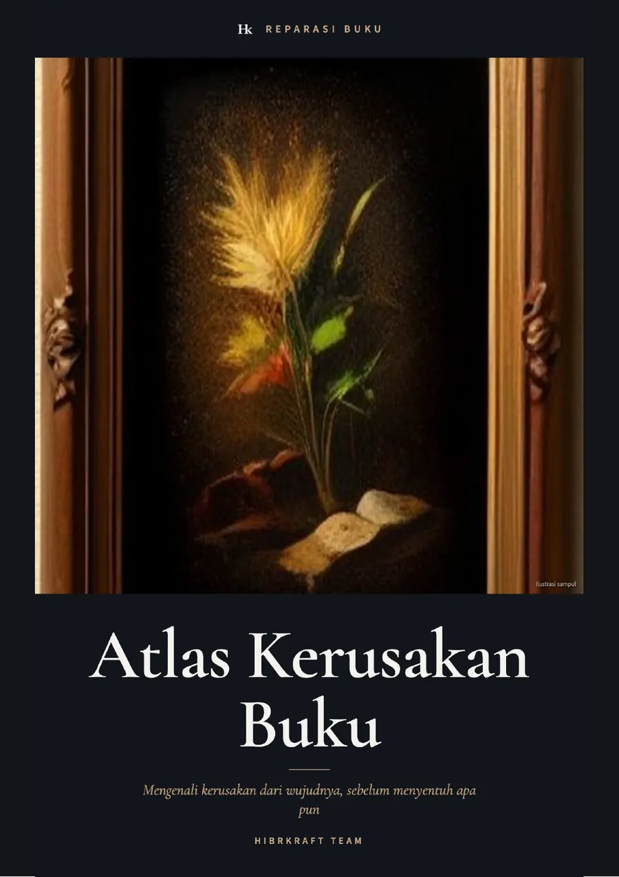 Sampul buku Atlas Kerusakan Buku, judul emas di atas latar gelap