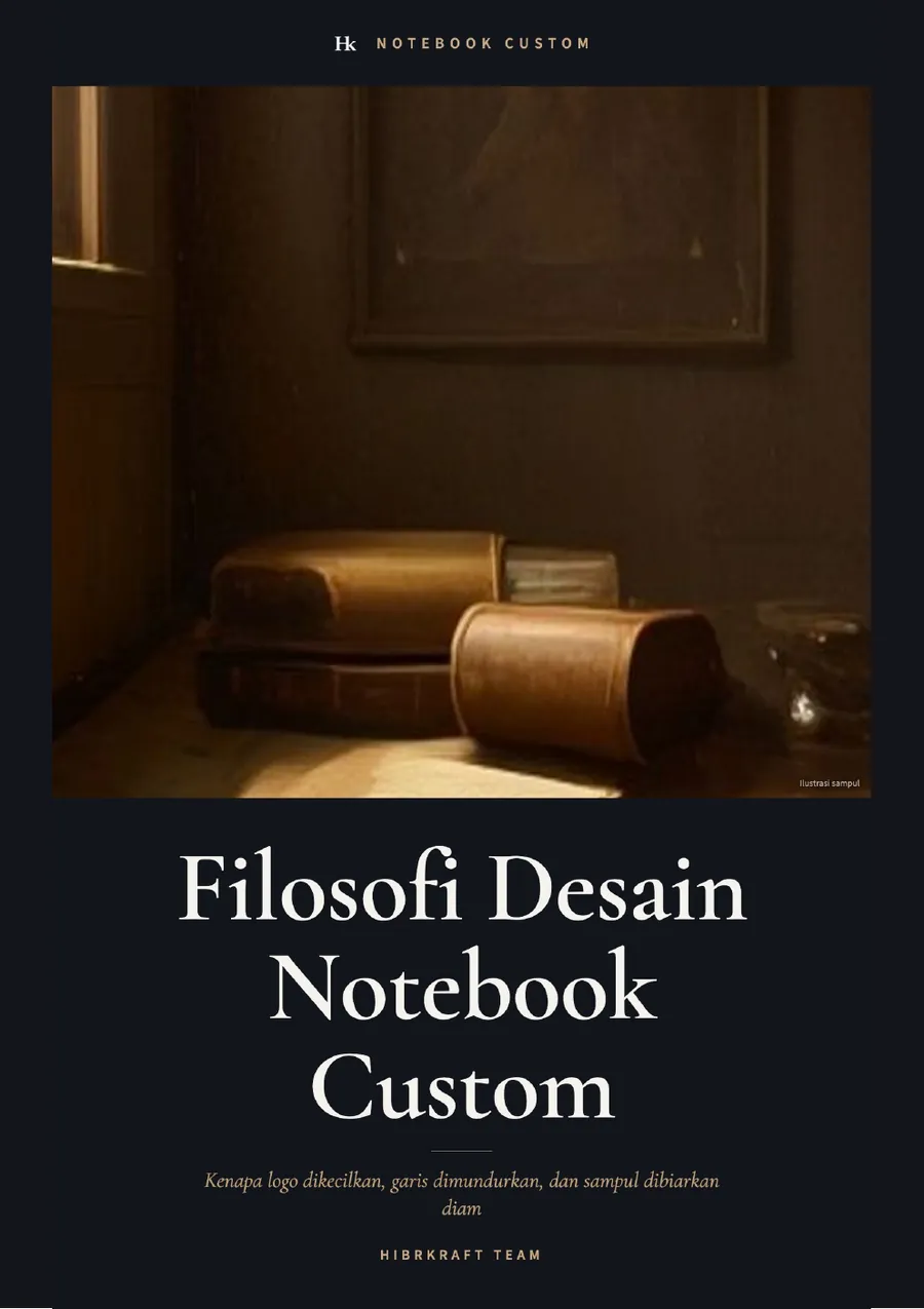 Sampul buku Filosofi Desain Notebook Custom, judul emas di atas latar gelap