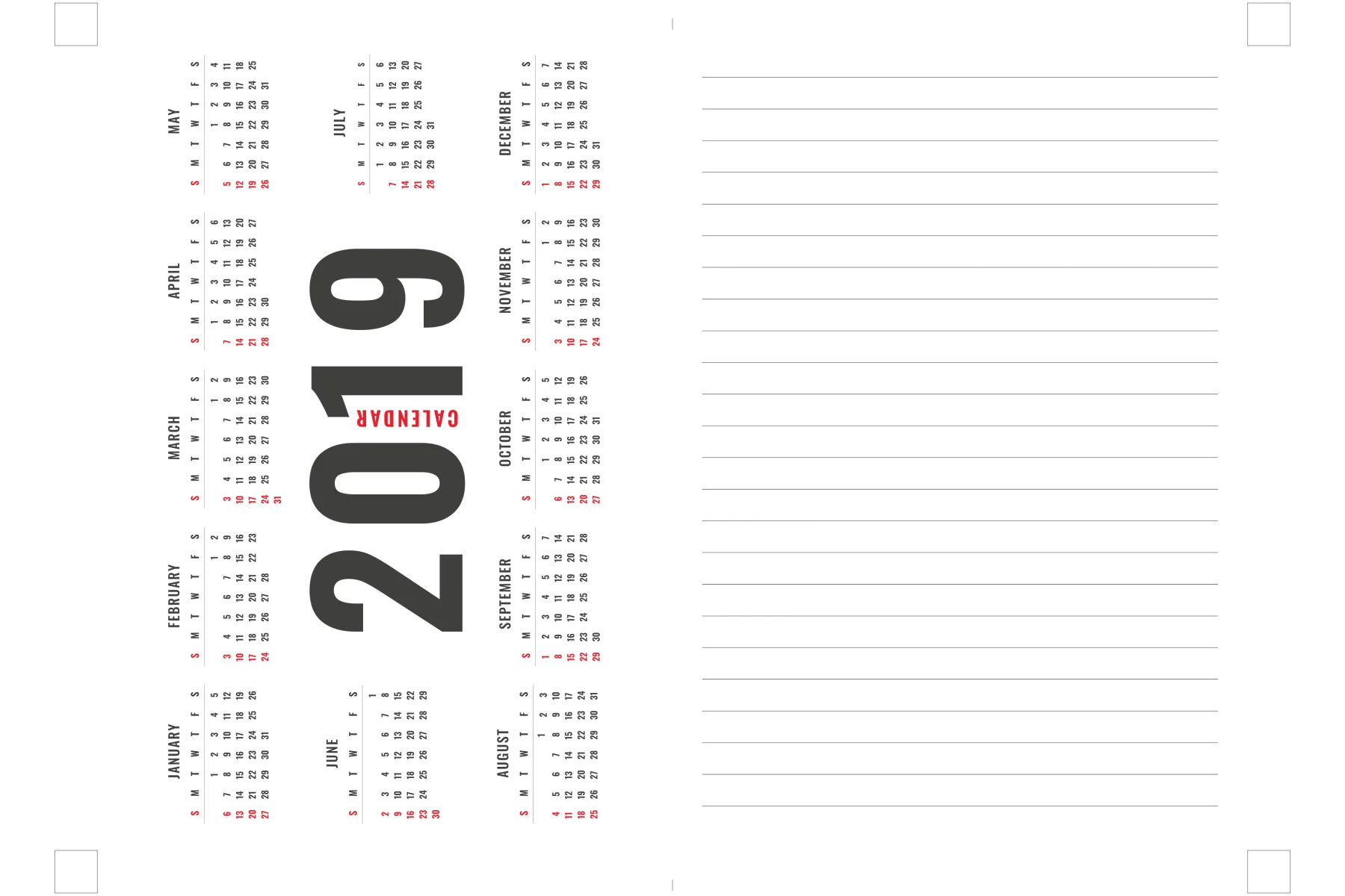 Halaman isi agenda: kalender satu tahun penuh di halaman kiri, halaman bergaris untuk catatan di kanan