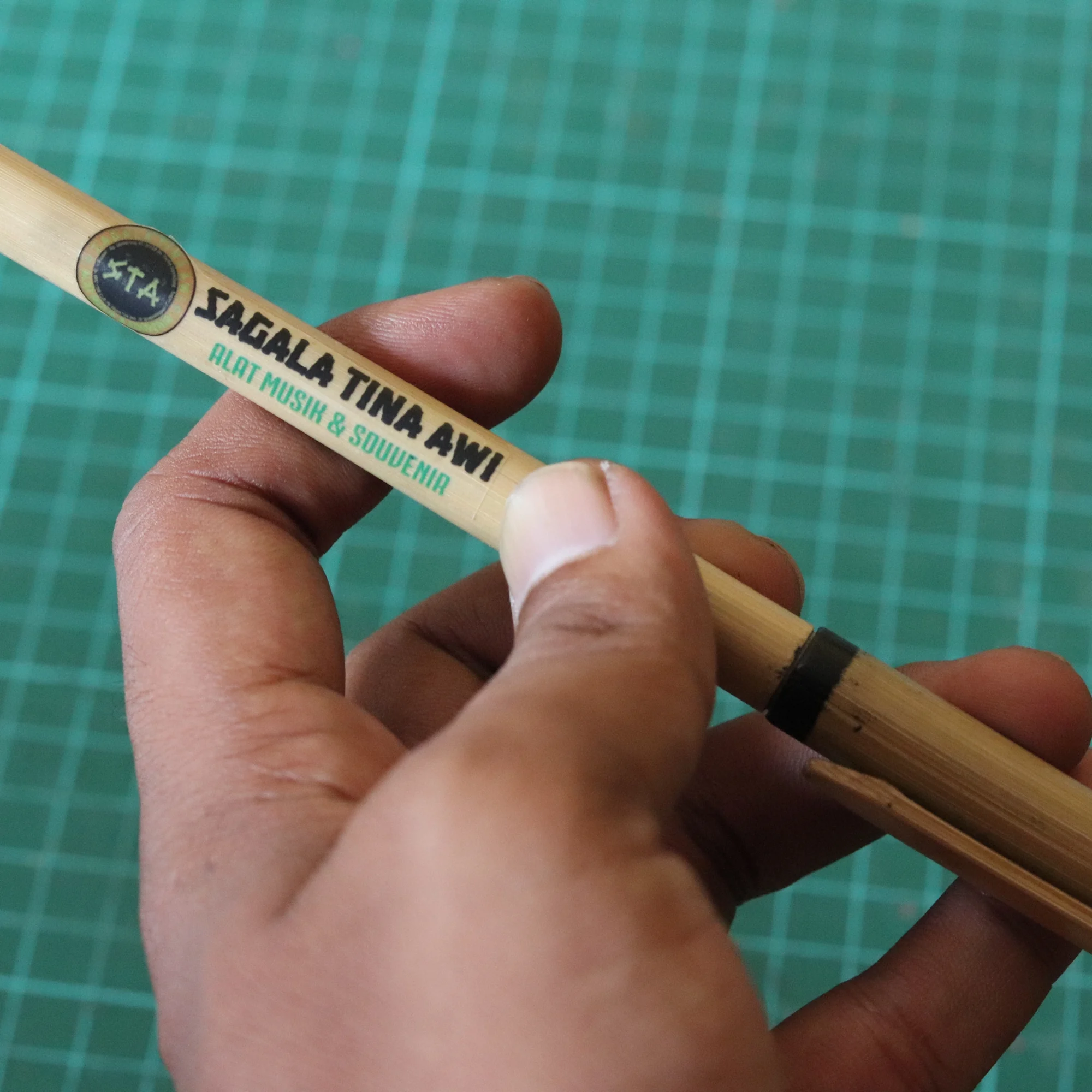 A hand holding a bamboo pen with the STA Sagala Tina Awi logo.