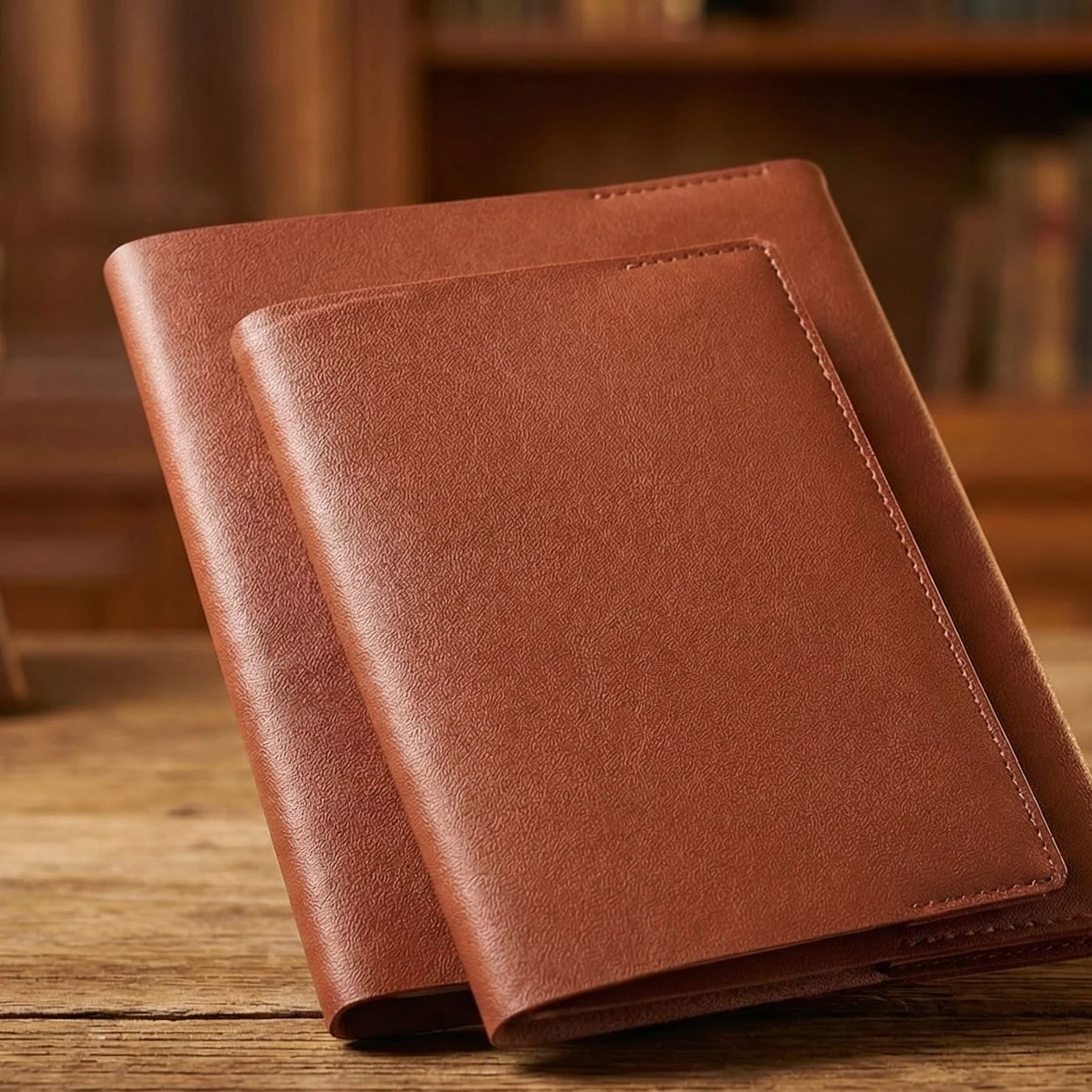 Two brown leather book sleeves placed on a wooden desk with a bookshelf in the background.