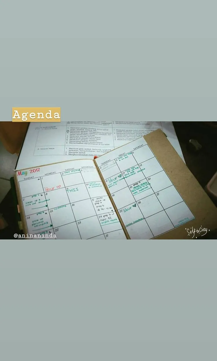 Story Instagram dari @aninaninda: kalender bulan Mei 2017 digambar tangan dengan tinta warna di halaman jurnal
