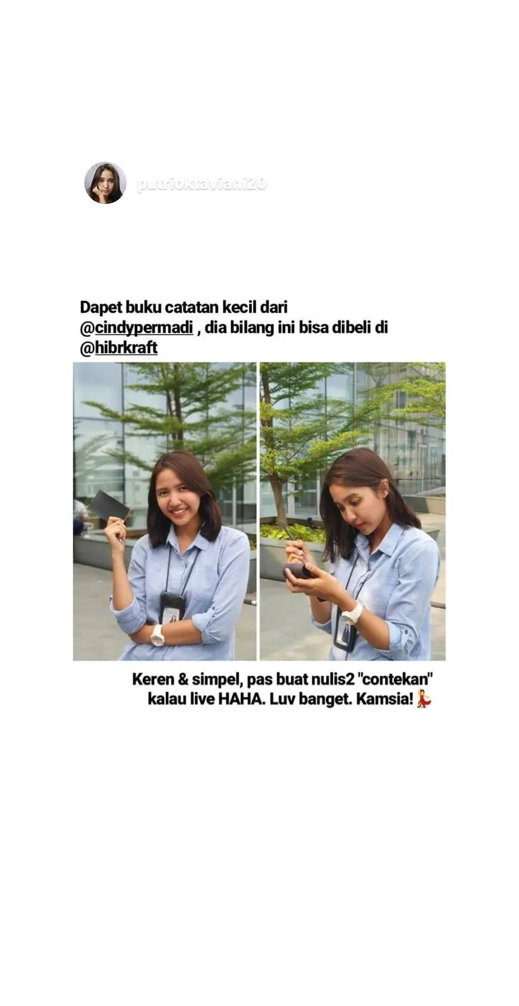 Unggahan Instagram: dua perempuan berkemeja biru memegang buku catatan kecil, dengan keterangan bahwa buku itu didapat dari @cindypermadi