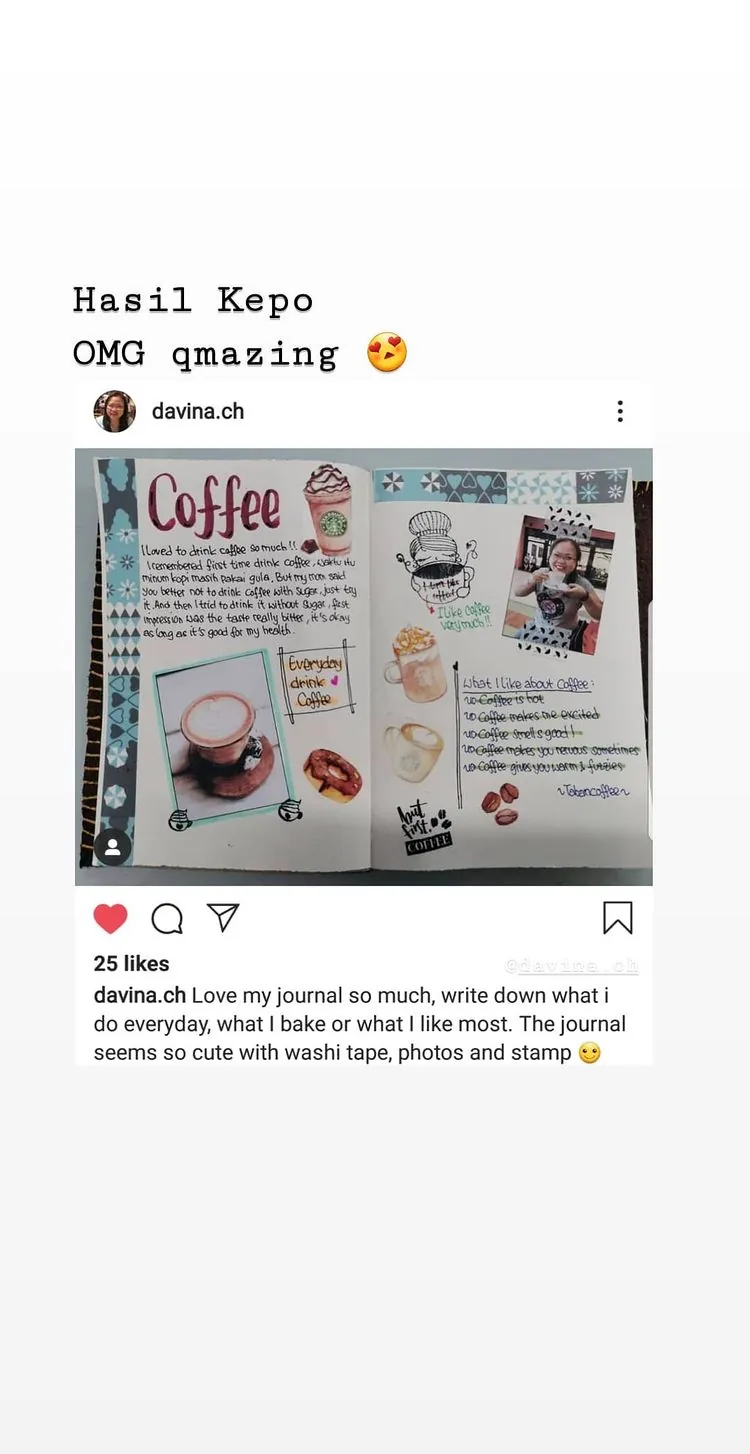 Unggahan Instagram @davina.ch: halaman jurnal dihias washi tape bertema kopi, foto dan stempel, 25 suka