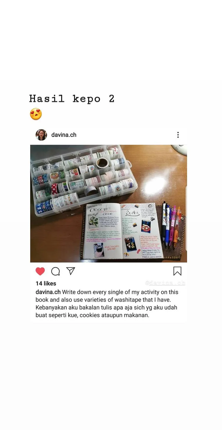 Story Instagram berisi unggahan @davina.ch tentang mencatat kegiatan harian dan memakai aneka washi tape, 14 suka