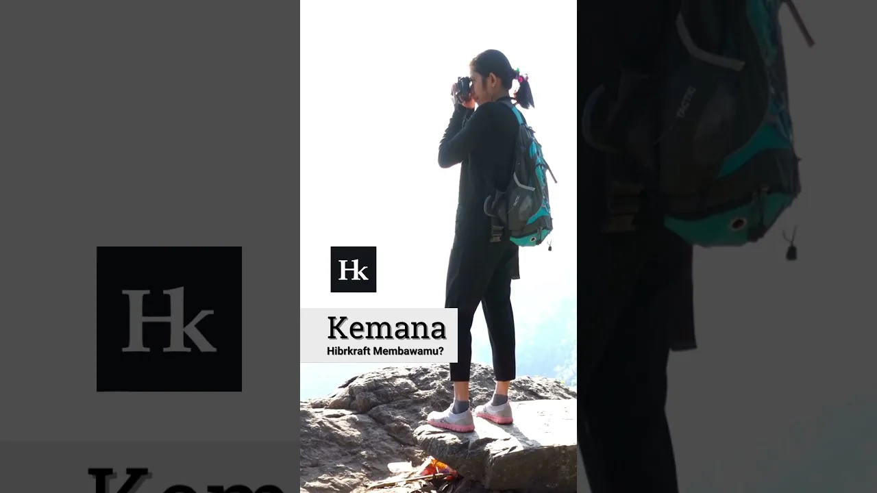 Kartu judul bertuliskan Kemana Hibrkraft Membawamu di samping foto seorang pendaki